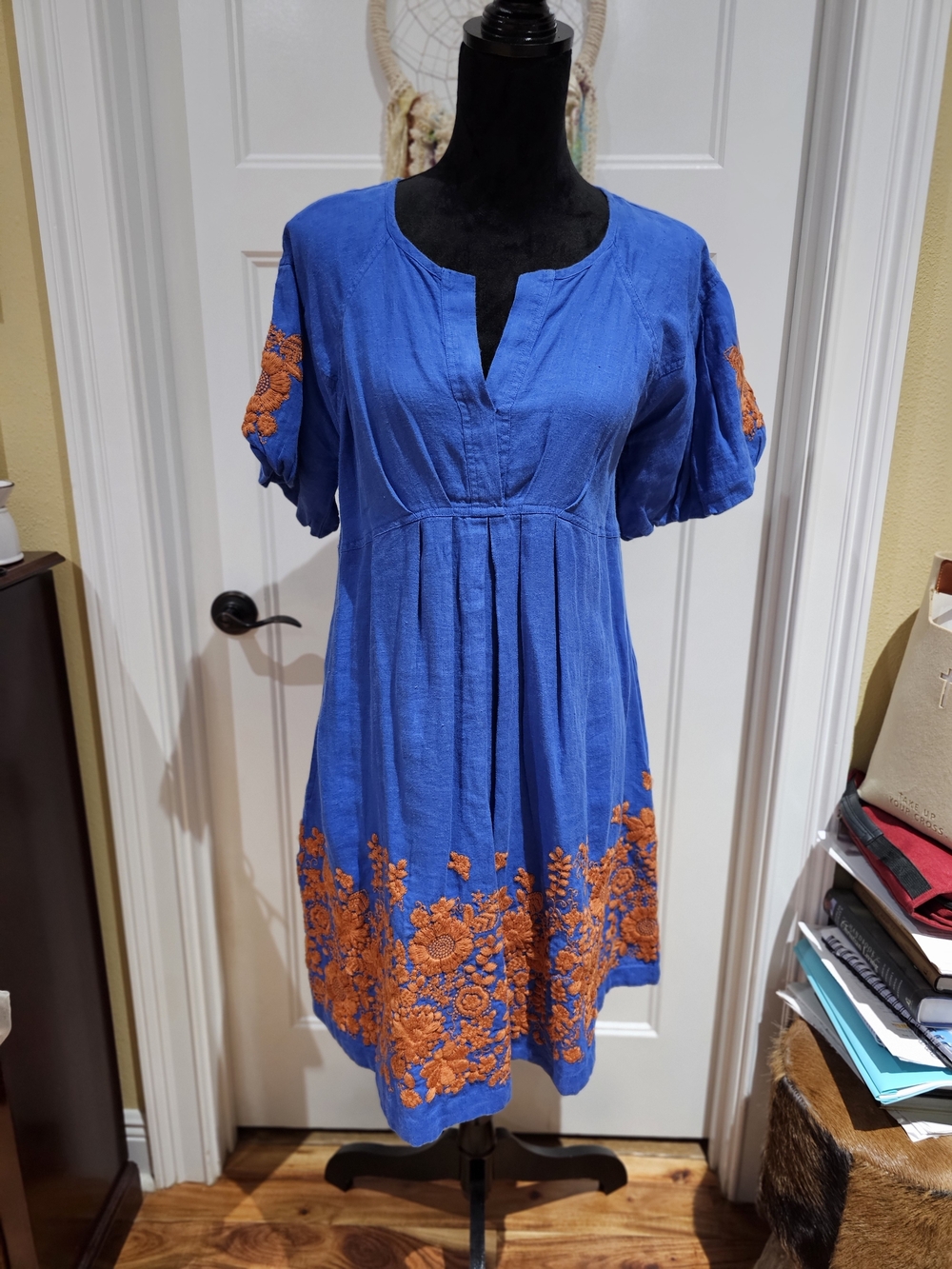 Uncle Frank Linen Royal Blue With Orange Embroidery Dress
